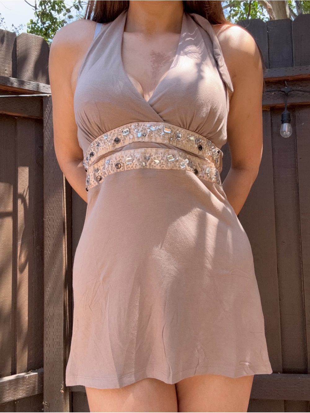 thrifted y2k brown halter neck mini dress w/ beaded waist detail